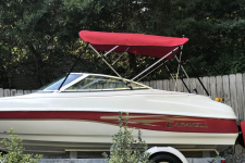 3-Bow Round Tube Bimini Top (Installed Backwards) w/ Brace Kit -  2002 Caravelle 186  -A3687UB - Sunbrella  Logo Red