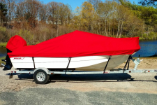 Custom Boat Cover - 03-17 Boston Whaler Montauk 170 w/ Bow Rail Boat Cover  - Sunbrella  Logo Red